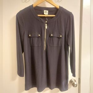 Anne Klein Navy Blouse with Zipper Detail